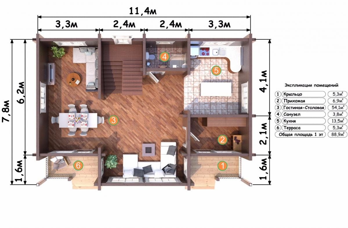 Планировка первого этажа деревянного дома Мария
