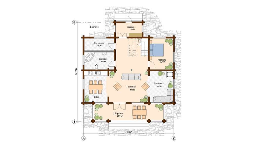 План 1-го этажа деревянного дома Ассоль
